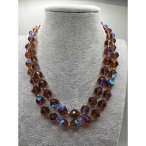 Vintage Amber Crystal AB Double Strand Necklace 1950s Adjustable